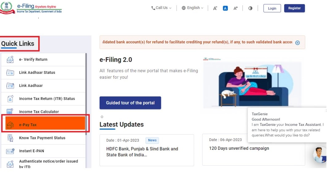 Step 1- Go to the e-Filing portal - Kotak Income Tax Payment