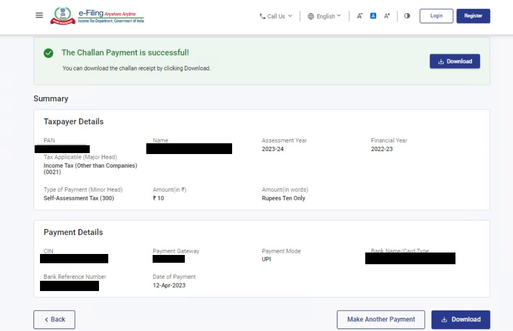 Step 10- Download the Challan Form CRN - online tax payment