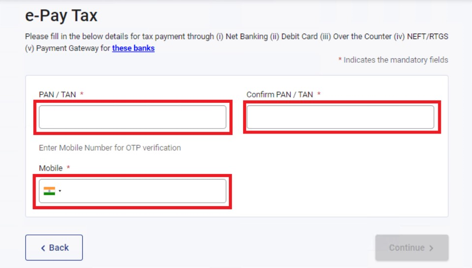 Step 2- e filing portal - Fill up PAN details and complete the OTP verification - Kotak Income Tax Payment