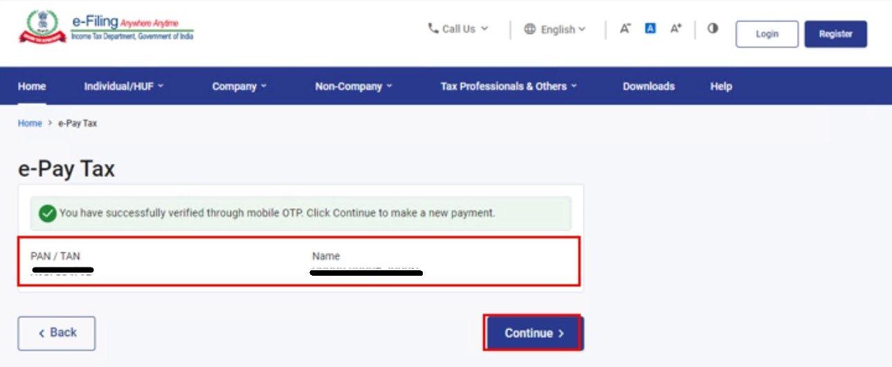 Step 3- e filing portal - Click on Continue to proceed - Kotak Income Tax Payment