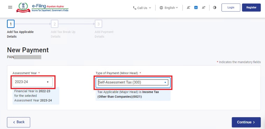 Step 5- Select assessment year and Type of payment- e filing income tax portal - Kotak Income Tax Payment