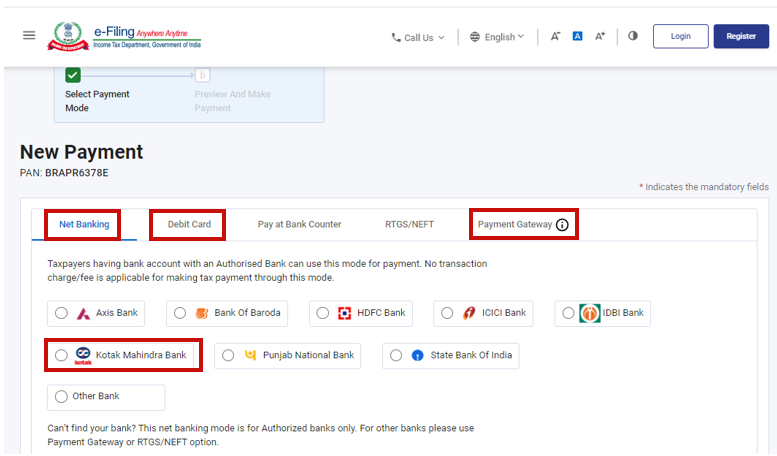 Step 7- select the payment mode under online payment