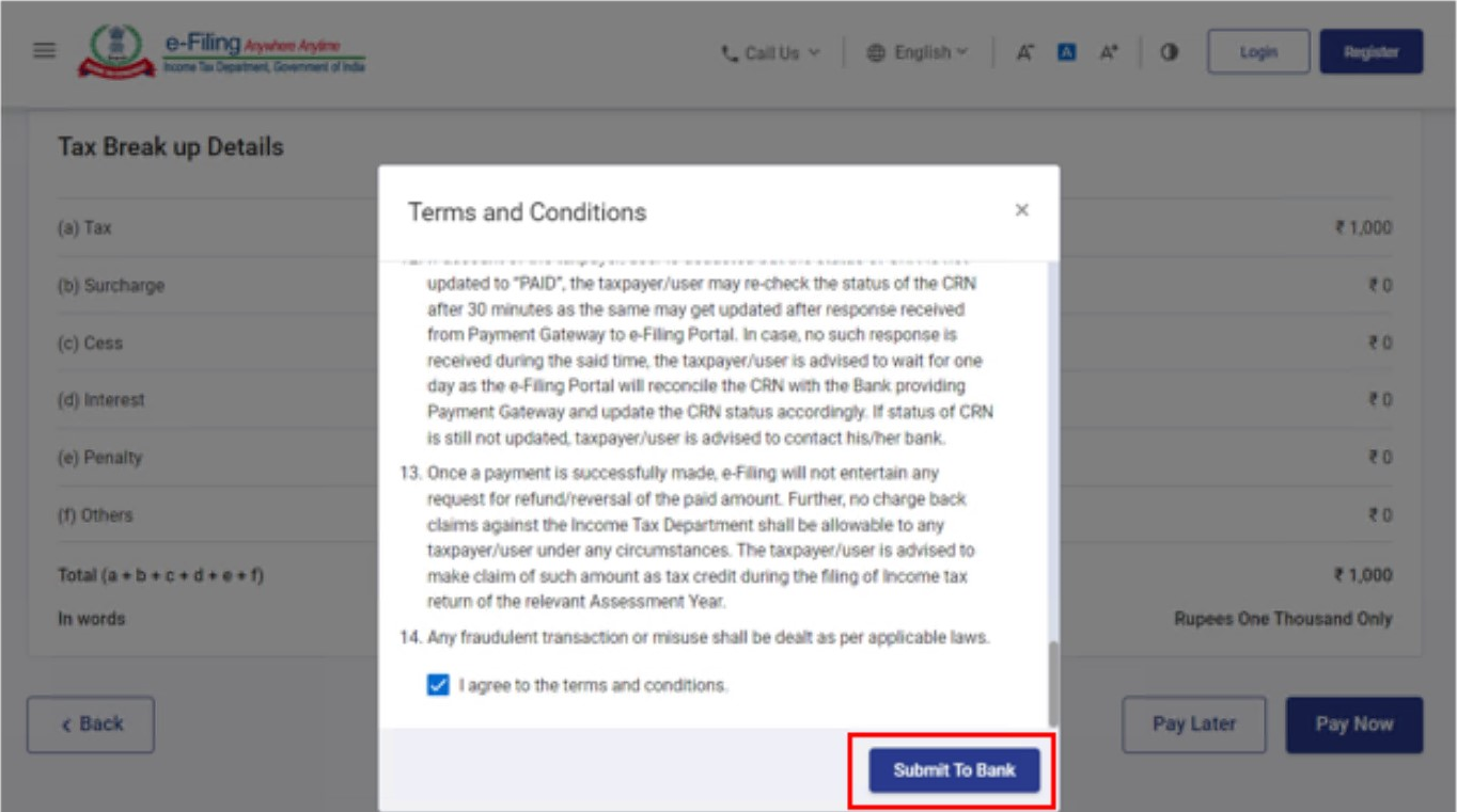 Step 9-  click on Submit to Bank to continue with the tax payment