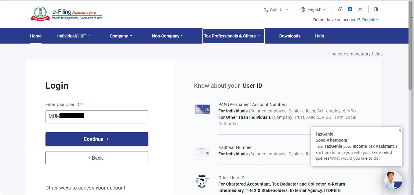 Step 1- click on Login on home page of the e-filing portal