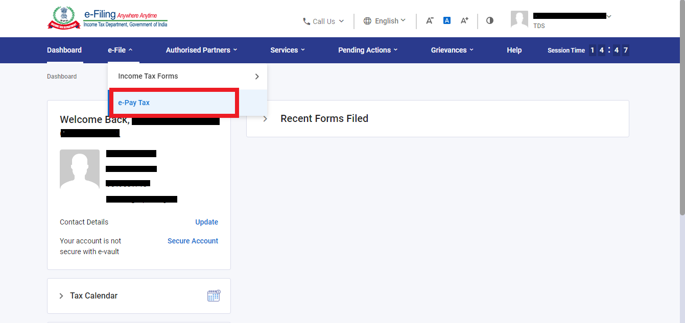 Step 2- under e-File select the option e-Pay Tax to pay tds online