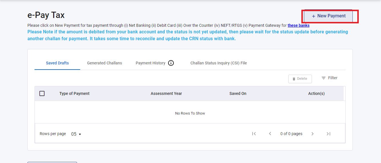 Step 3- click the New Payment option to initiate the online tds payment