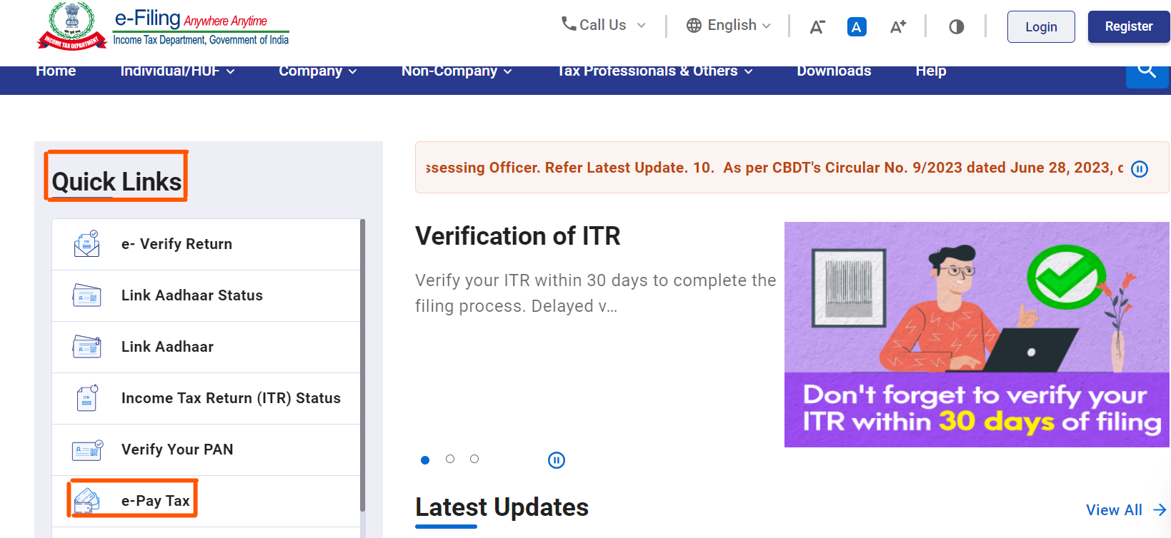 Step 1- Go to the e-Filing portal - TDS Online Payment