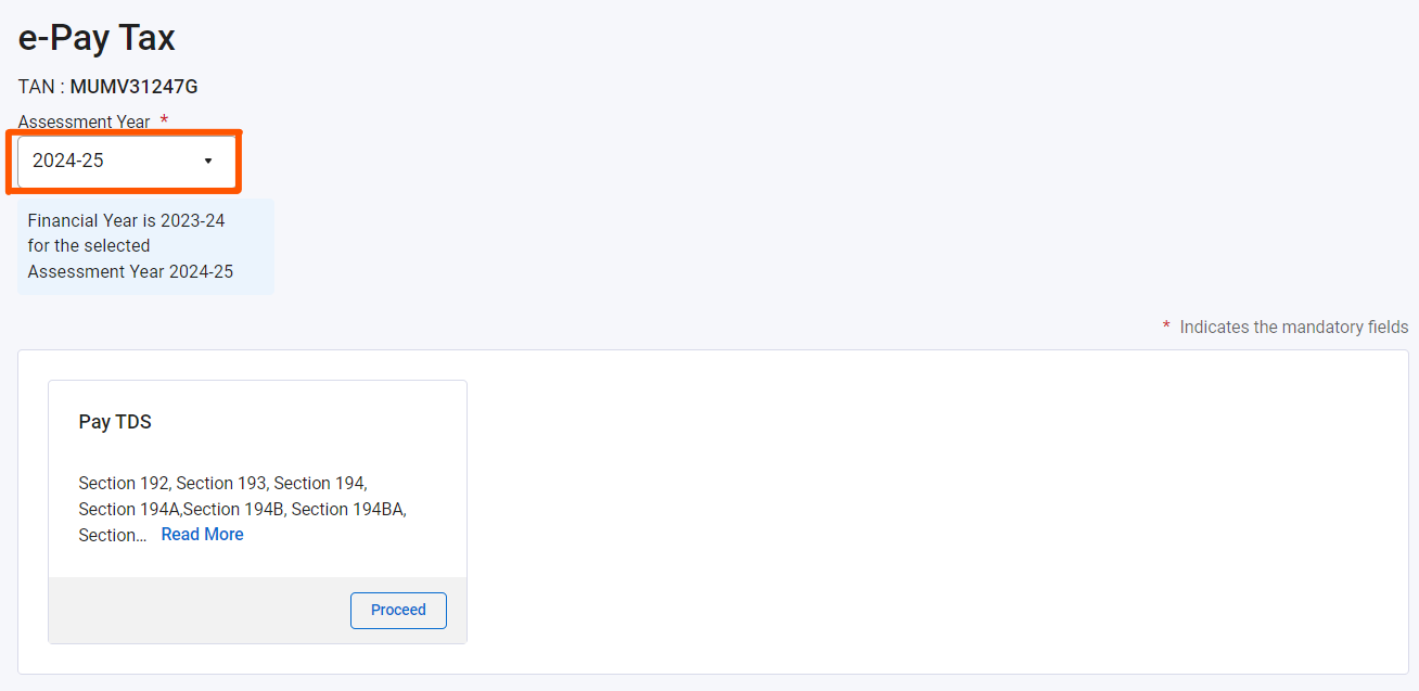 Step 4- Select assessment year and click on Proceed to pay tds