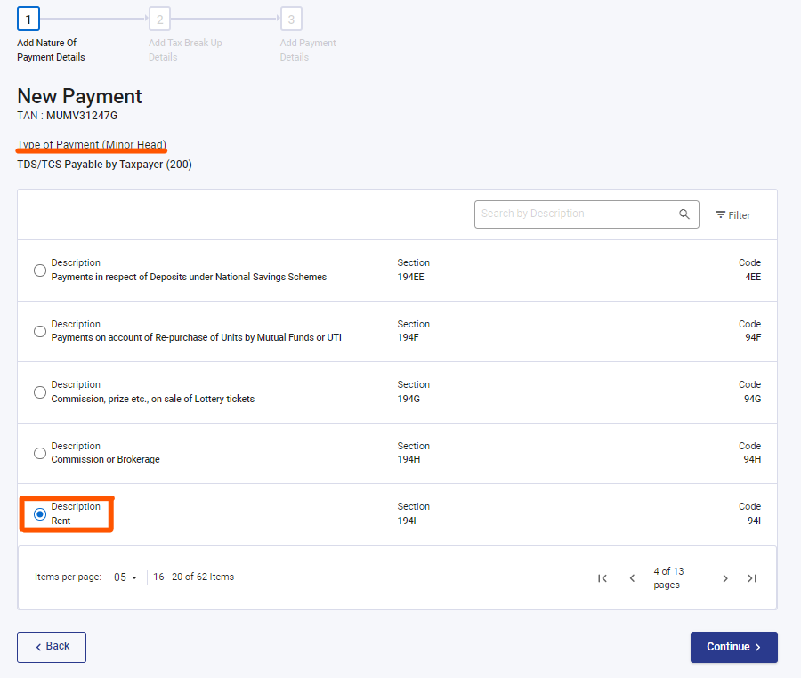 Step 5- Select the correct payment type to pay tds