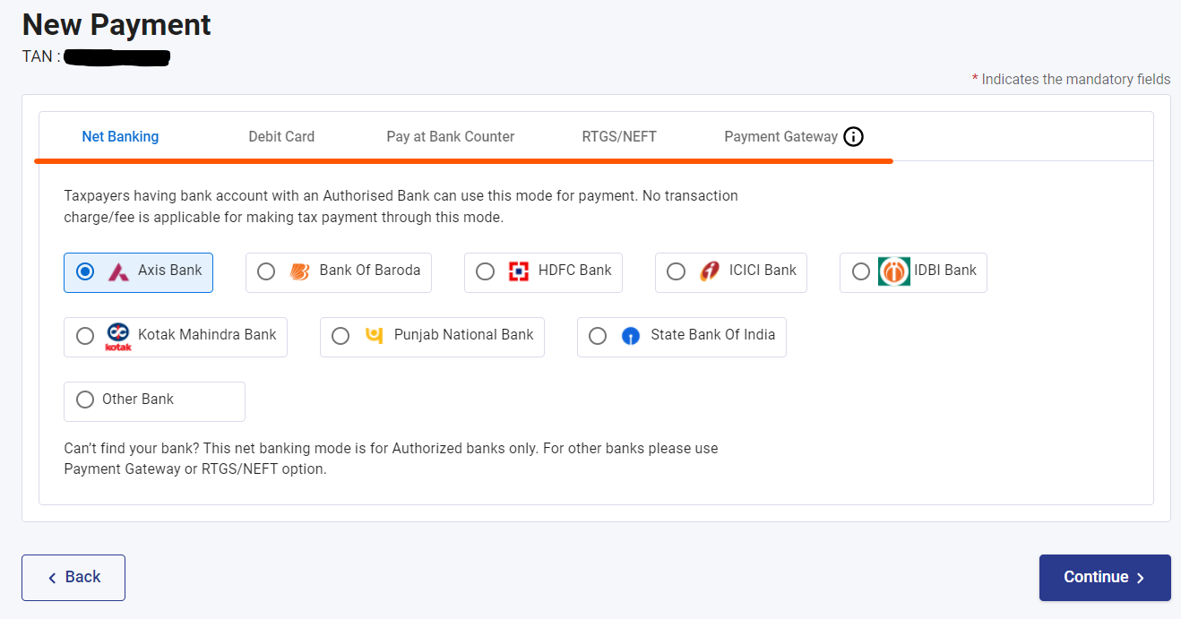 Step 7- Select the payment mode for online tds payment