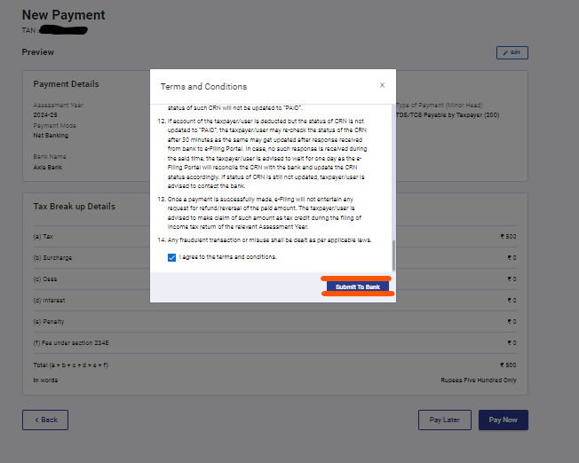 Step 9-  click on Submit to Bank to continue with the online tds payment