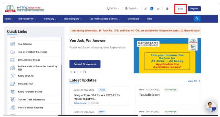 Step 1- Go to the e-Filing portal - Kotak Income Tax Payment