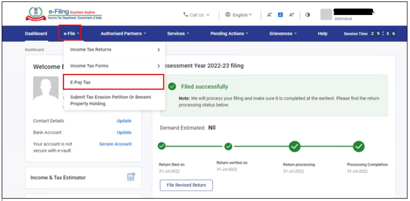 Step 2- select the option e-Pay Tax on e filing portal