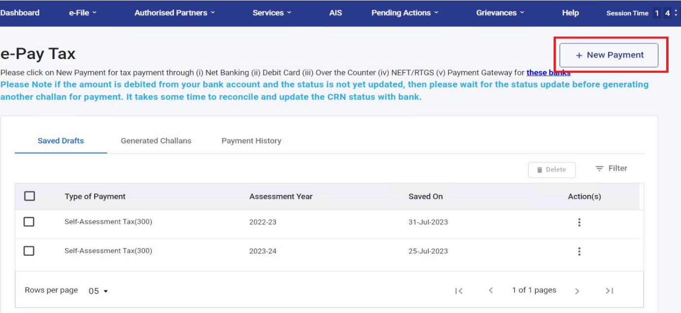 Step 3- click the New Payment option to initiate the online e-tax paymen page