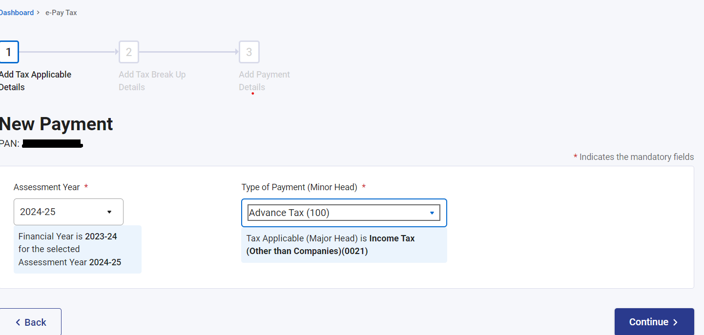 Step 5- Select assessment year and Type of payment -Minor head- as advance tax -200-