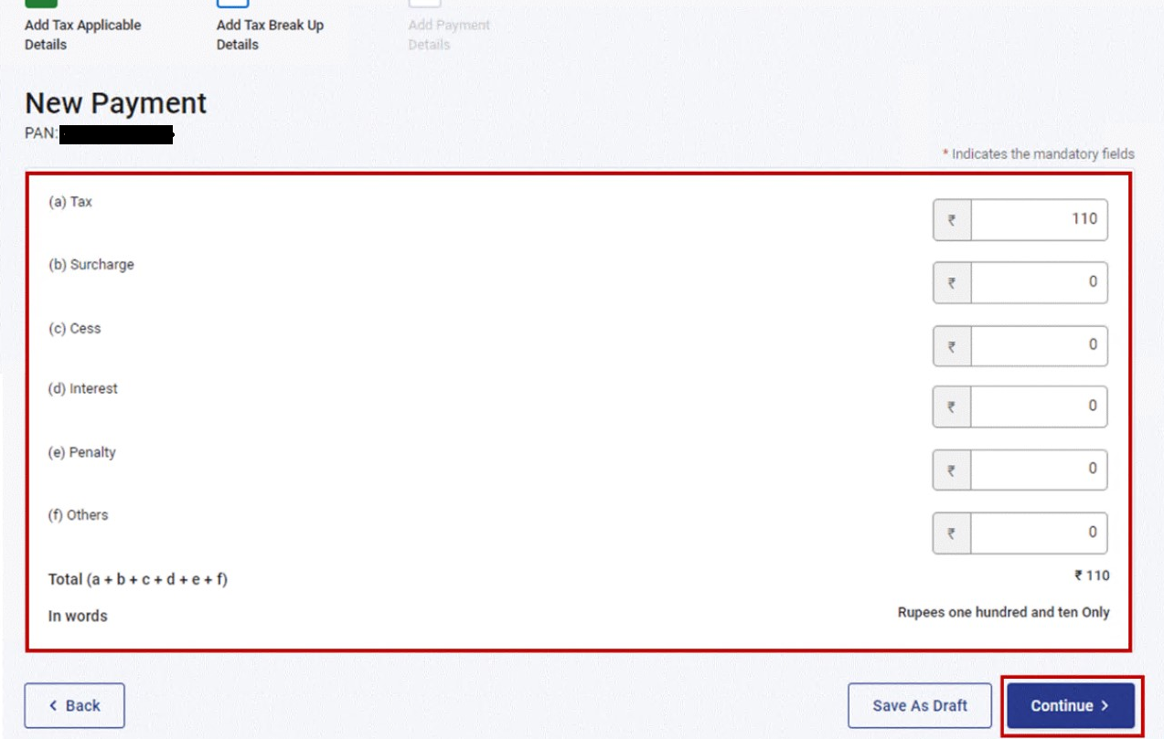 Step 6- Fill in the accurate details of tax payment - Kotak advance tax payment