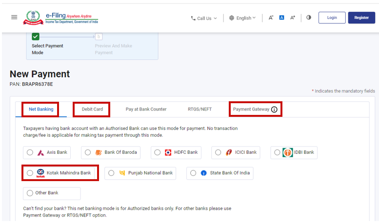 Step 7- select the payment mode under online payment - Kotak advance tax payment