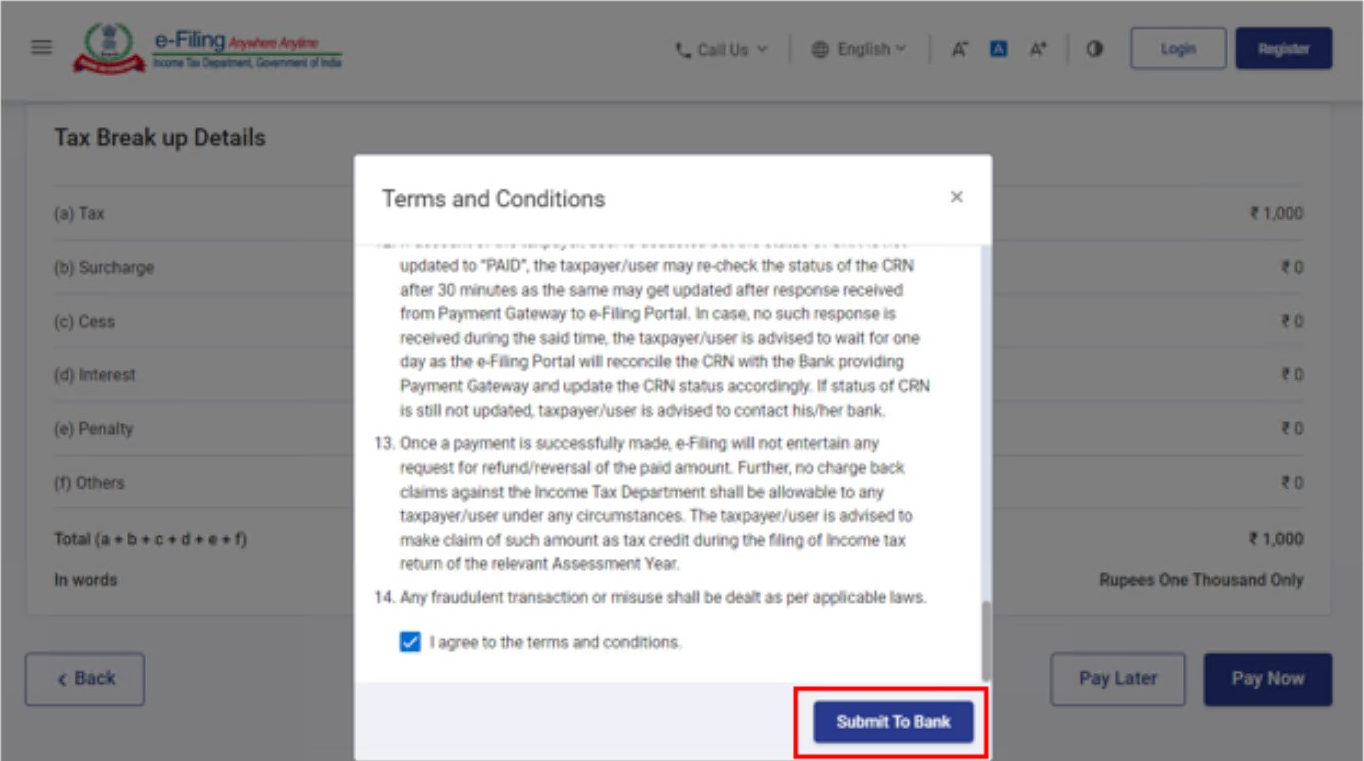 Step 9- click on Submit to Bank to continue with the tax payment - Kotak advance tax payment