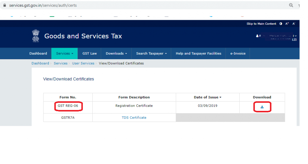 Click download icon to download gst registration certificate