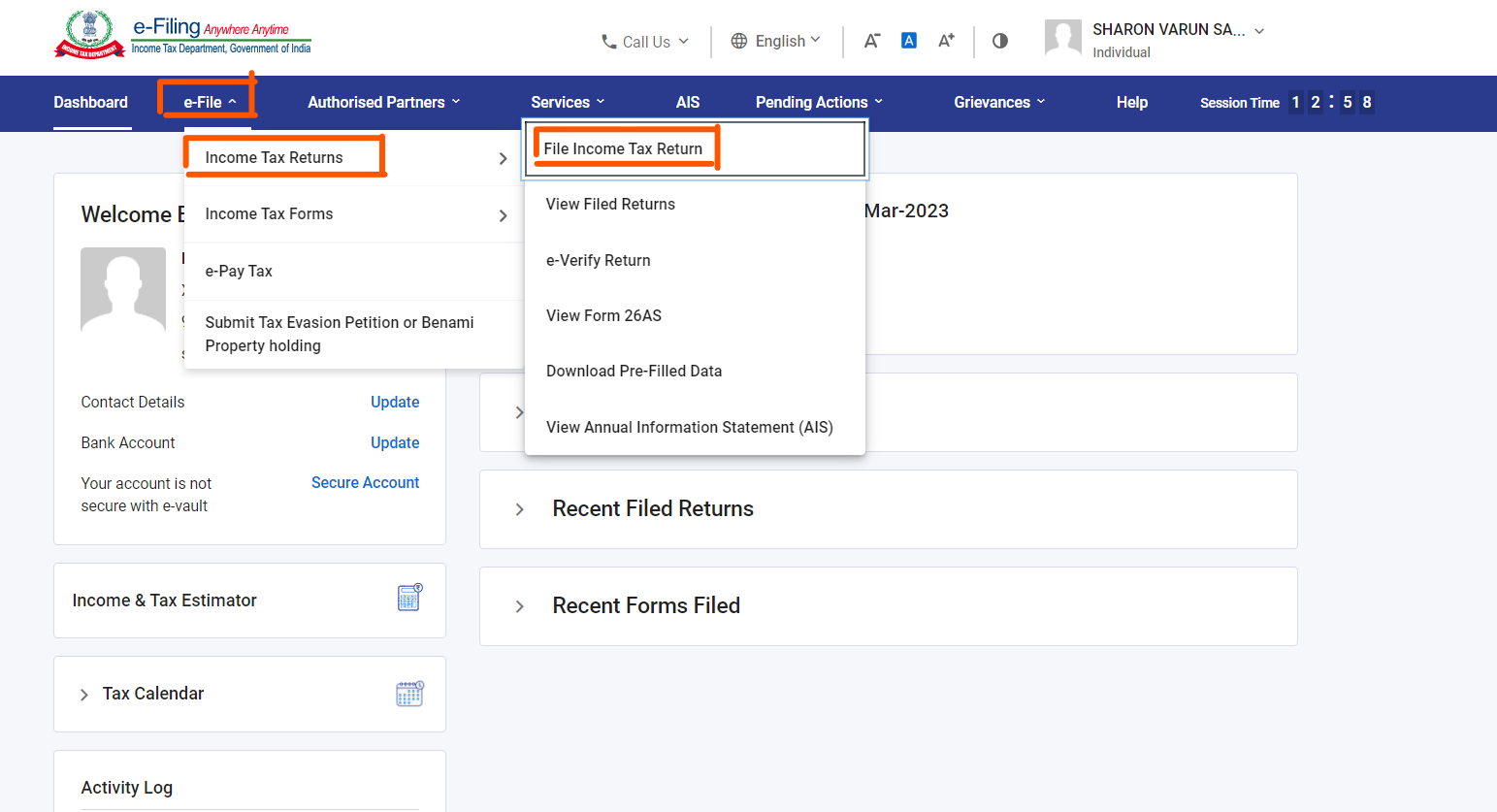 Step 3 - Post login click on the e-file at e filing portal