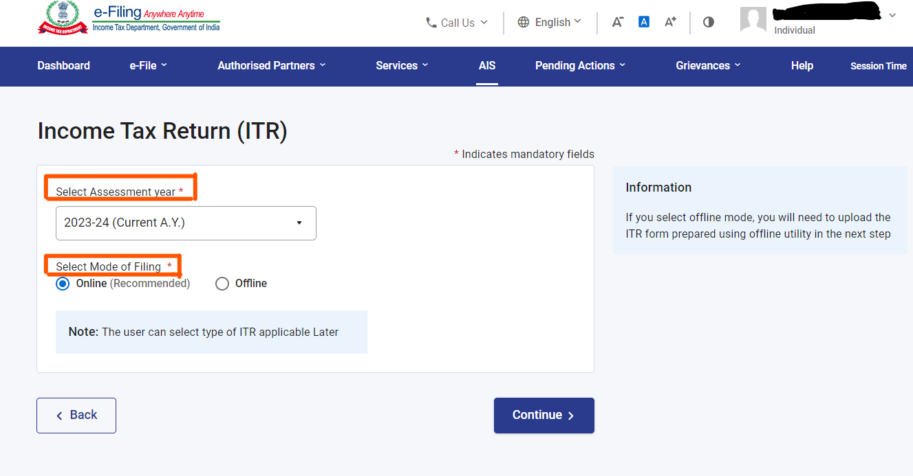 Step 4 - e filing portal - Select the Assessment year and Mode of Filing