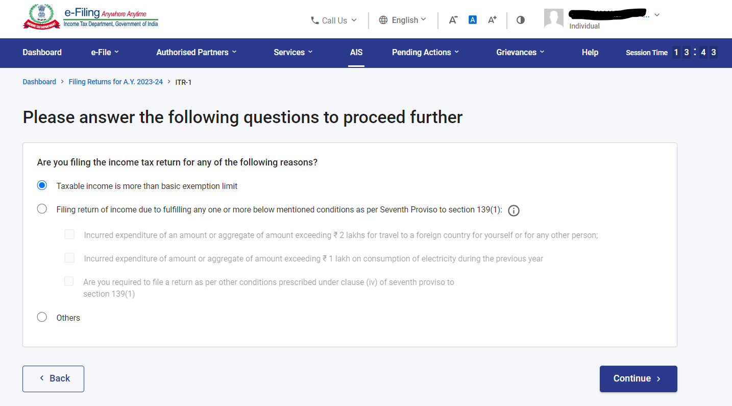 Step 7 - e filing portal- reason for filing your income tax return