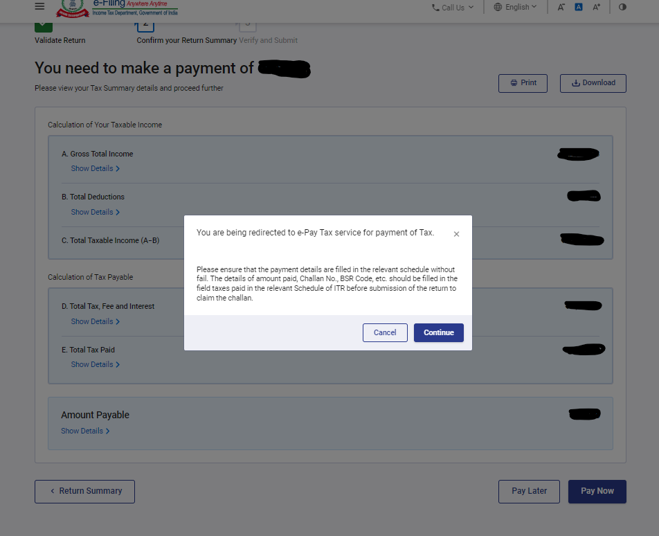 Step 9 - e filing - Confirm the summary of the return and thereafter click on Pay Now