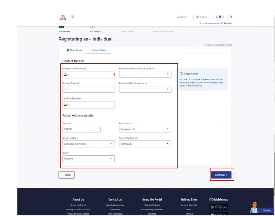 Step 4 - e filing portal - Contact Details page