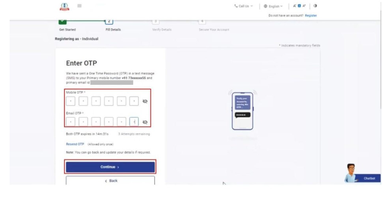 Step 5 - Income tax e filing portal - Enter the separate 6- digit OTPs